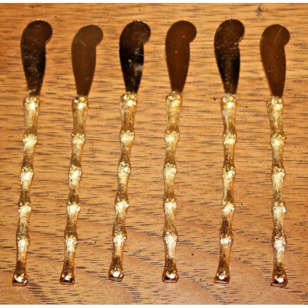 Vintage Set of 6 Brushed Satin Gold Bamboo Cocktail Knives  Hors D'oeuvres